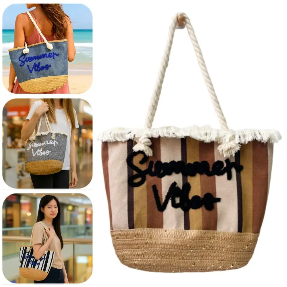 

Durable Stripes Straw Woven Handbag Letter Embroidery Soft Beach Weave Tote Bag Casual Fashion Sundries Storage Bag Summer