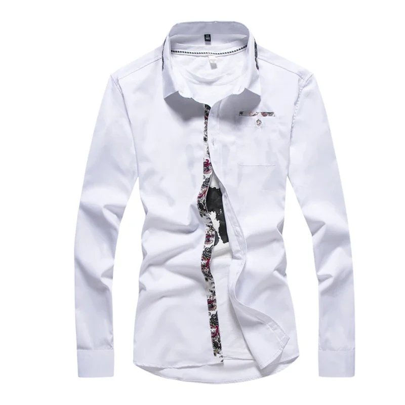 Camisa blanca de retazos de manga larga para hombre, camisas casuales de moda, Top con cuello cuadrado de un solo pecho, talla China M-5XL, Camisa Chemise