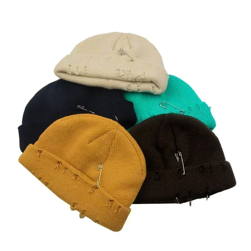 Winter New Beanies Knitted Hat Women Fashion Warm Thick Gorro Men Hip Hop Pin Hole Skullcap Short Hat Unisex Basic Cap