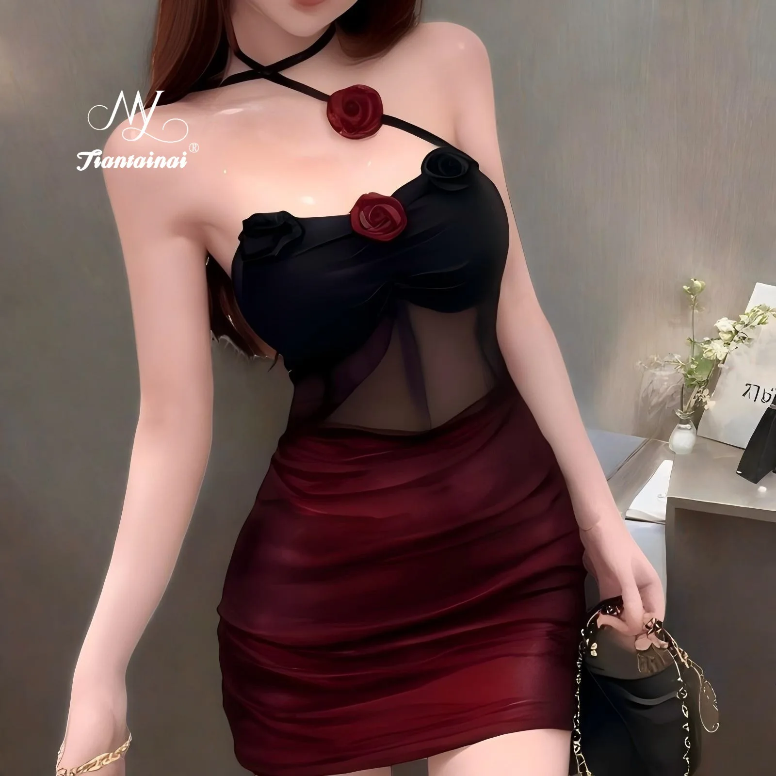 Women Dresses Sexy Mesh Patchwork Strapless Flowers Hollow Out Slim Mini Dress Party Backless Elegant Ladies Clubwear