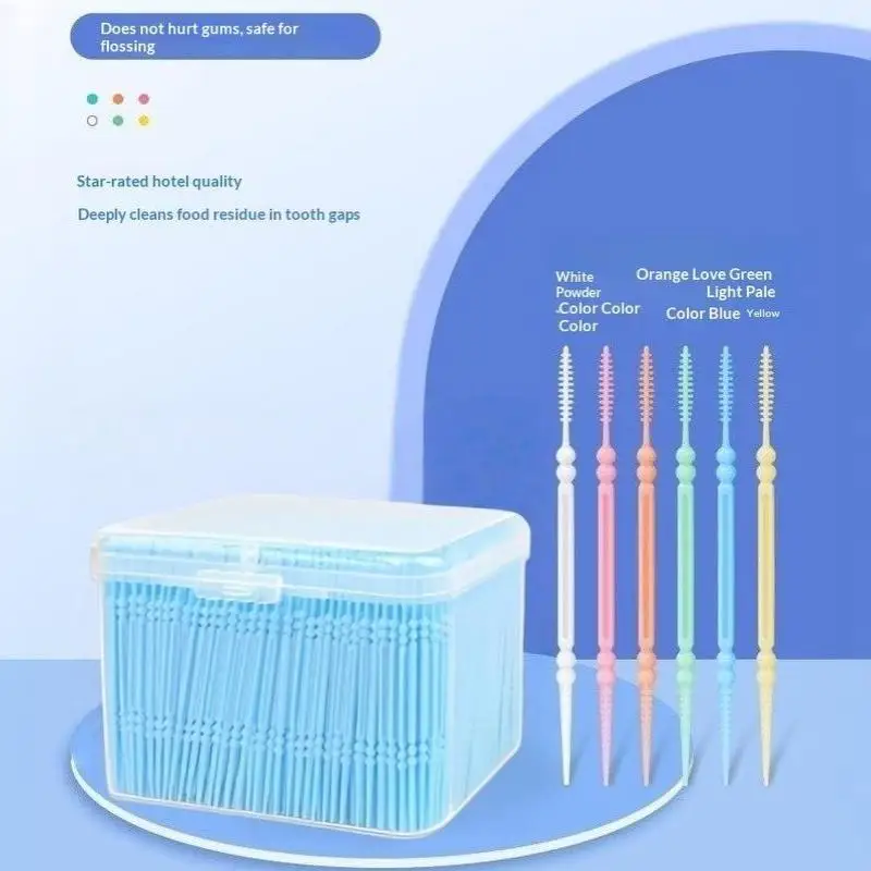 1100Pcs/Box Double-Ended Fish Bone Disposable Plastic Toothpick Dental Floss Interdental Brush Oral Cleaning Tools
