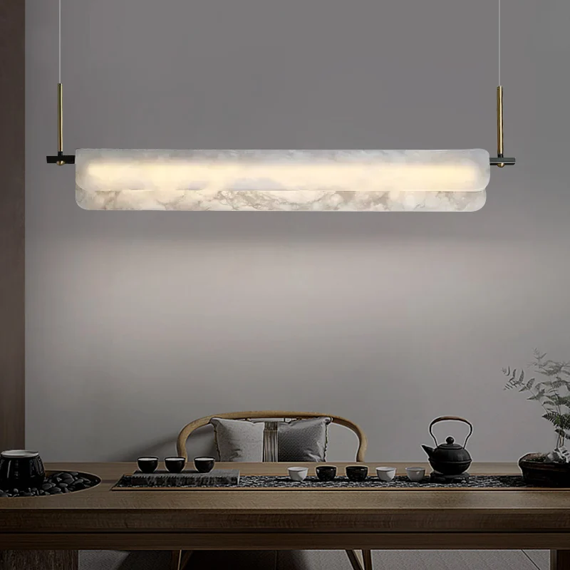 Modern Natural Marble LED Pendant Light Luxurious Brass Long Strip Hanging Chandelier Design Room Decoration Lights