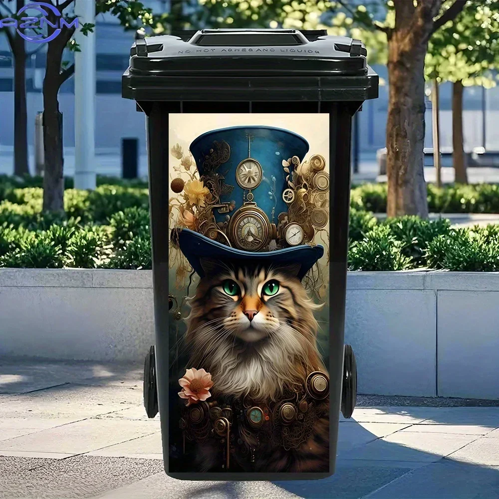 2D 1PC1pc Steampunk Cat Trash Can Sticker - Blue Top Hat & Clockwork Details PVC Waterproof Removable Decal, .99x.0 cm Matte F