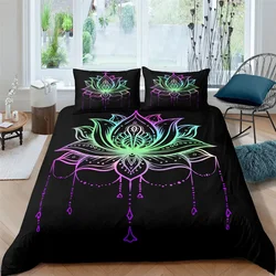 2/3pcs Bed Set Bohemian Lotus Duvet Cover Set Mandala Flower Quilt Cover Adult Black Polyester Bedding Set Queen King Twin Teens