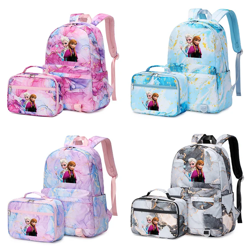 2pcs Disney New Frozen Elsa Anna Women\'s Men\'s Backpack with Lunch Bag Rucksack Casual School Bags for Teenagers Sets