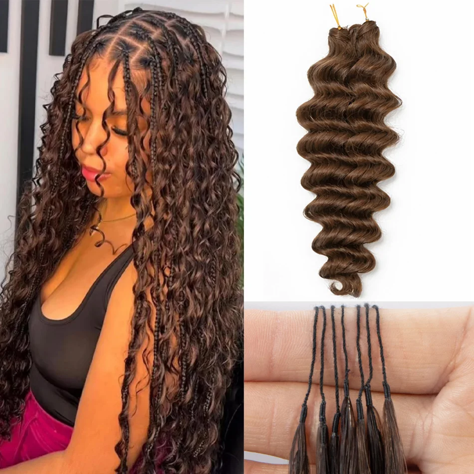 

Miracle Knots #4 Dark Brown Deep Wave Feather Crochet Human Hair Extensions Pre Separated Knotless Deep Curl Crochet Braid Hair