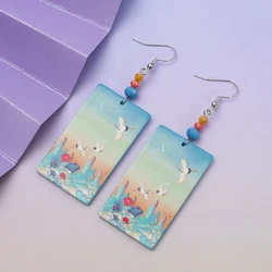 Fashion Alpine Crane Flower Pattern Print Acrylic Earrings For Women Aesthetic Trend Products 2025 Spring And Summer Jewelry