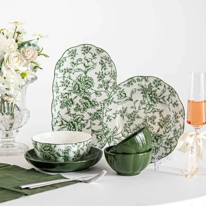 

Flower Green Ceramic Dinner Plate Tableware Rice Soup Bowl Plate