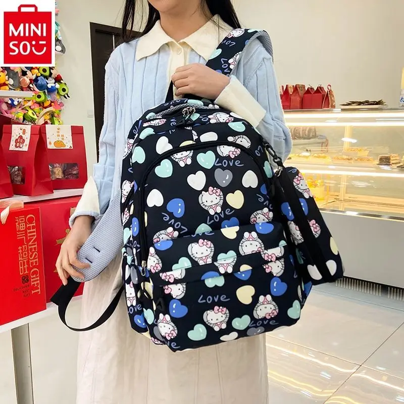 

MINISO 2024 New Hello Kitty High Quality Nylon School Bag Student Multi functional Lightweight Pen Bag Storage Backpack