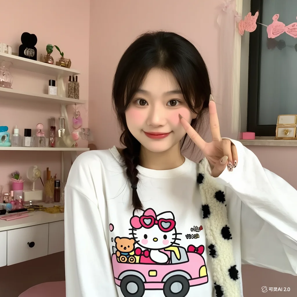 Hello Kittys Frische Literatur, runder Kragen, süßer Kawaii-Trend, koreanische Version, Literatur, Retro, lange Ärmel, Druck, All-Match