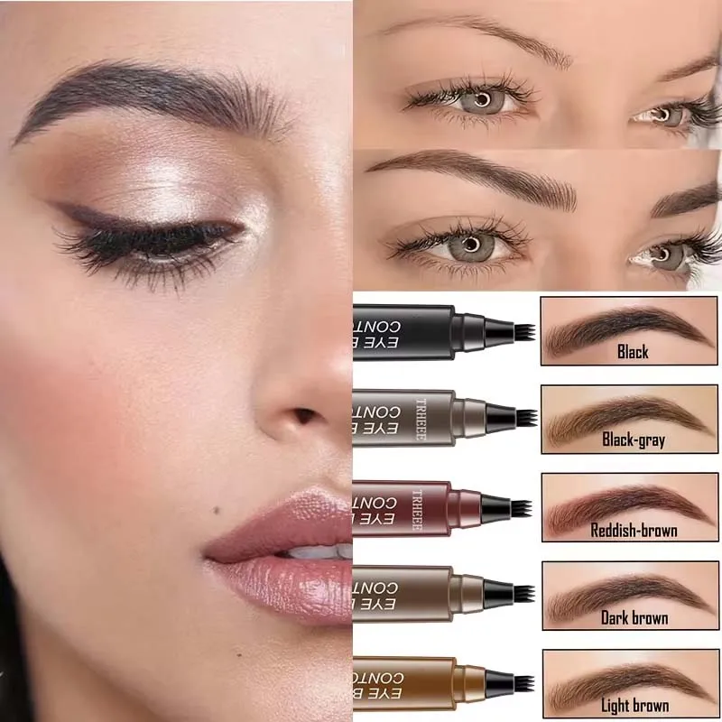 5 Colors Waterproof Eyebrow Pen 4 Splitted Head Long Lasting Smudge Proof Eyebrows Tattoo Pencil Liquid Black Eyebrow Makeup Pen