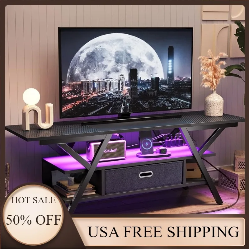 

Bestier LED Entertainment Center with Power Outlets Gaming TV Stand for TV up to 65 Inch 55” TV, Carbon Fiber Black