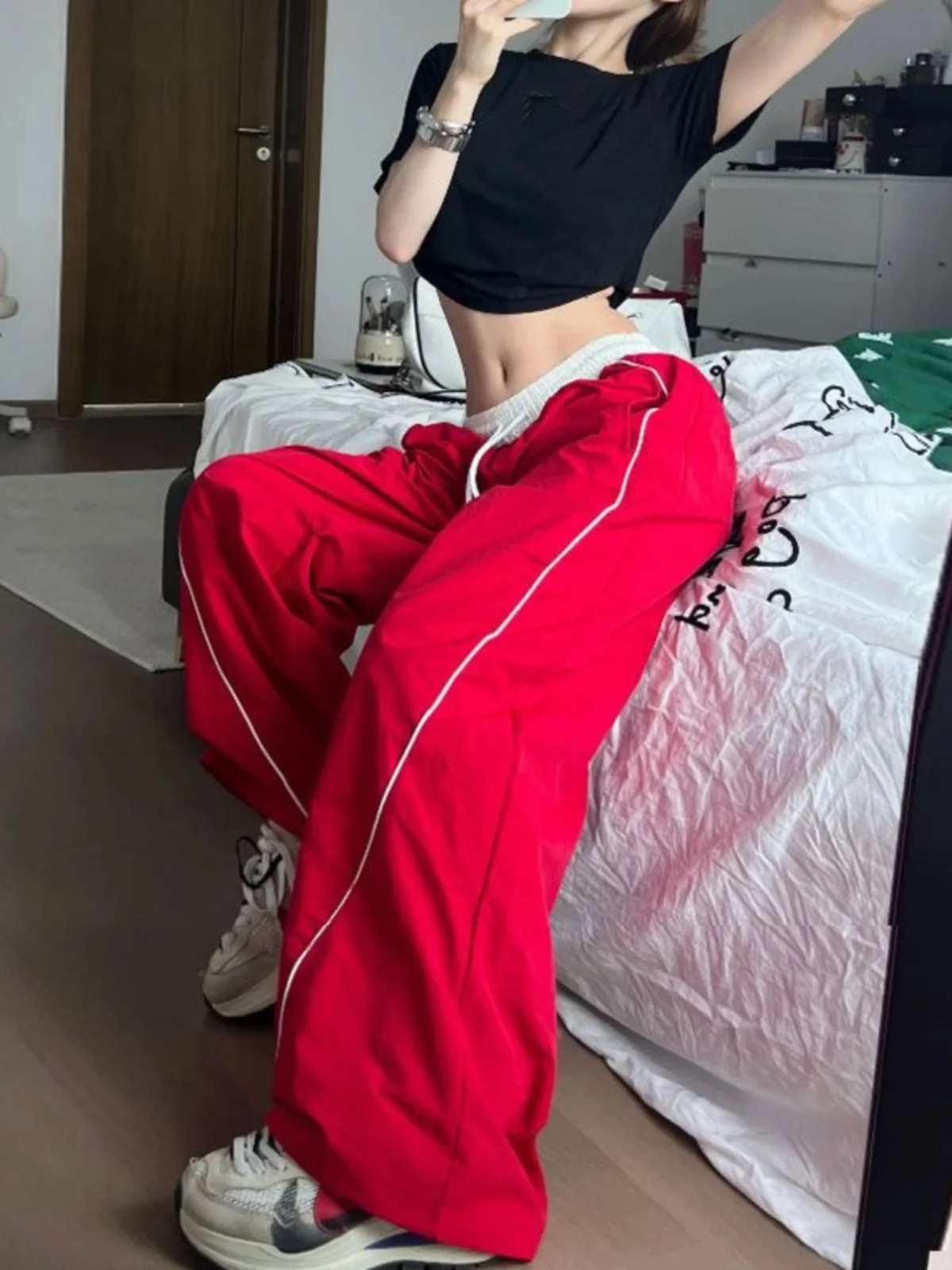 بنطلون عمل على الطراز الأمريكي للنساء، بنطلون صيفي سريع الجفاف بألوان متباينة وأرجل واسعة، بنطلون رقص الجاز، بنطلون كاجوال بخ...