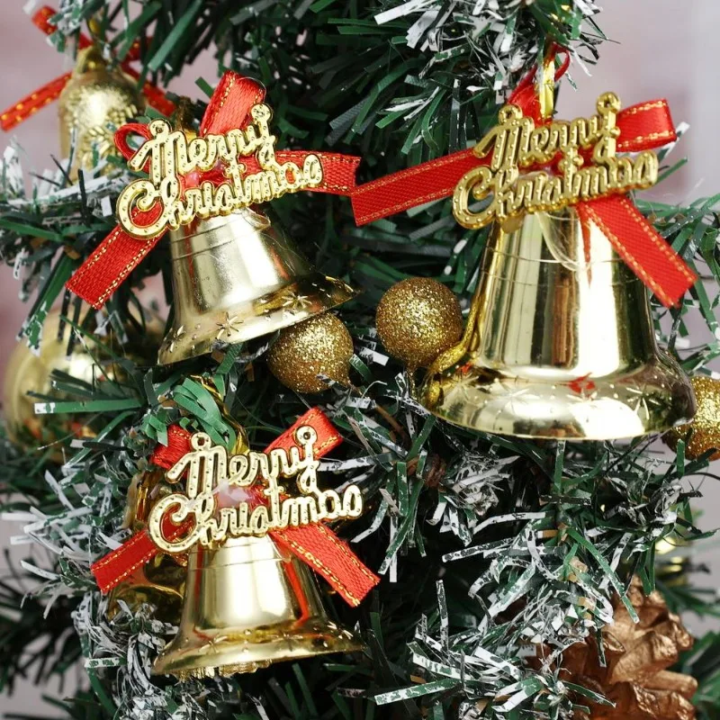 6/60Pcs Golden Christmas Bell Ornaments Plastic Holiday Xmas Tree Window Party Home Indoor Bow Bell Decorations No Power Needed