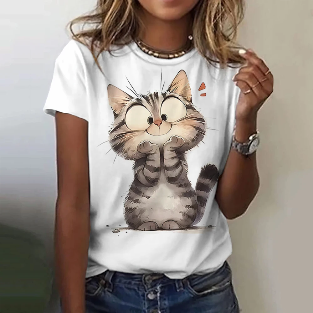 Lovely Cat Print Women O-Neck T-Shirts Kawaii Style Pullover Loose Short Sleeves Oversized Tee Shirt Summer Female Clothing 2024