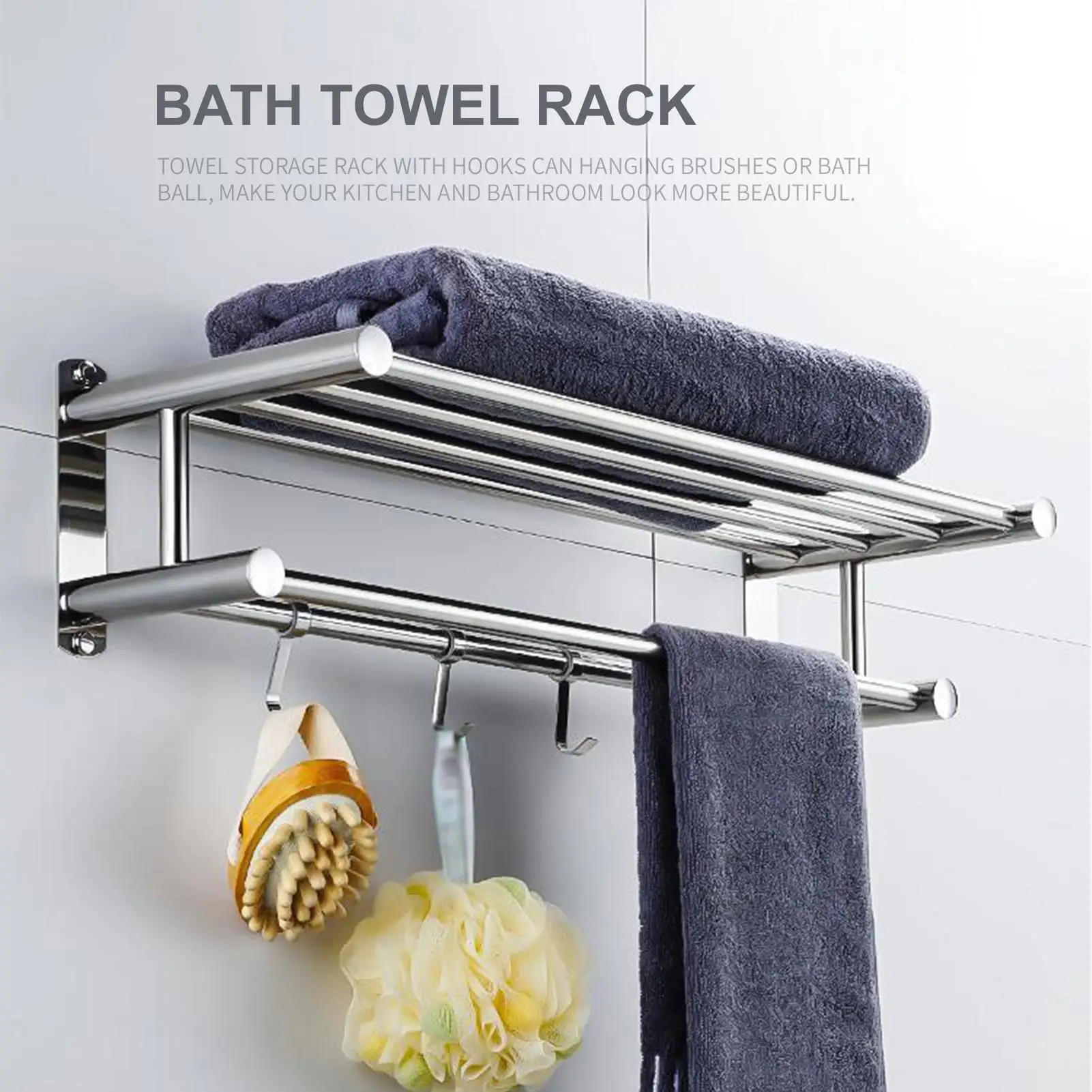 

Layer Bath Towel Rack with 4 Removable Hooks – Wall Mounted Stainless Towel , 23 Inch Rustproof Shelf