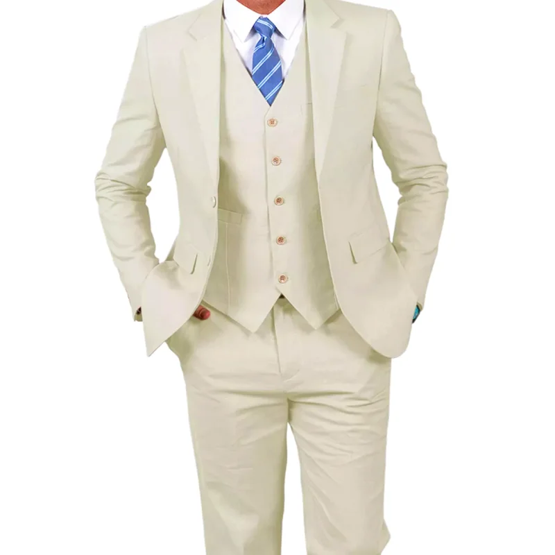 Lansboter Beige Men Suit 3 Pieces Solid Single Button Slim Casual Fit Business Banquet Wedding Groom Suit Jacket Vest With Pants