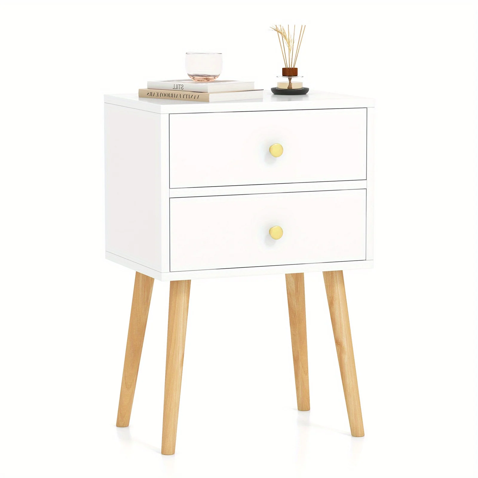 

Nightstand (Set of 1), Mid-century Modern Bedside Table with 2 Drawers, End Table with Solid Wood Support Legs for Small Spaces, Versatile in Living Room Bedroom, Natural/White, Storage Drawer Units