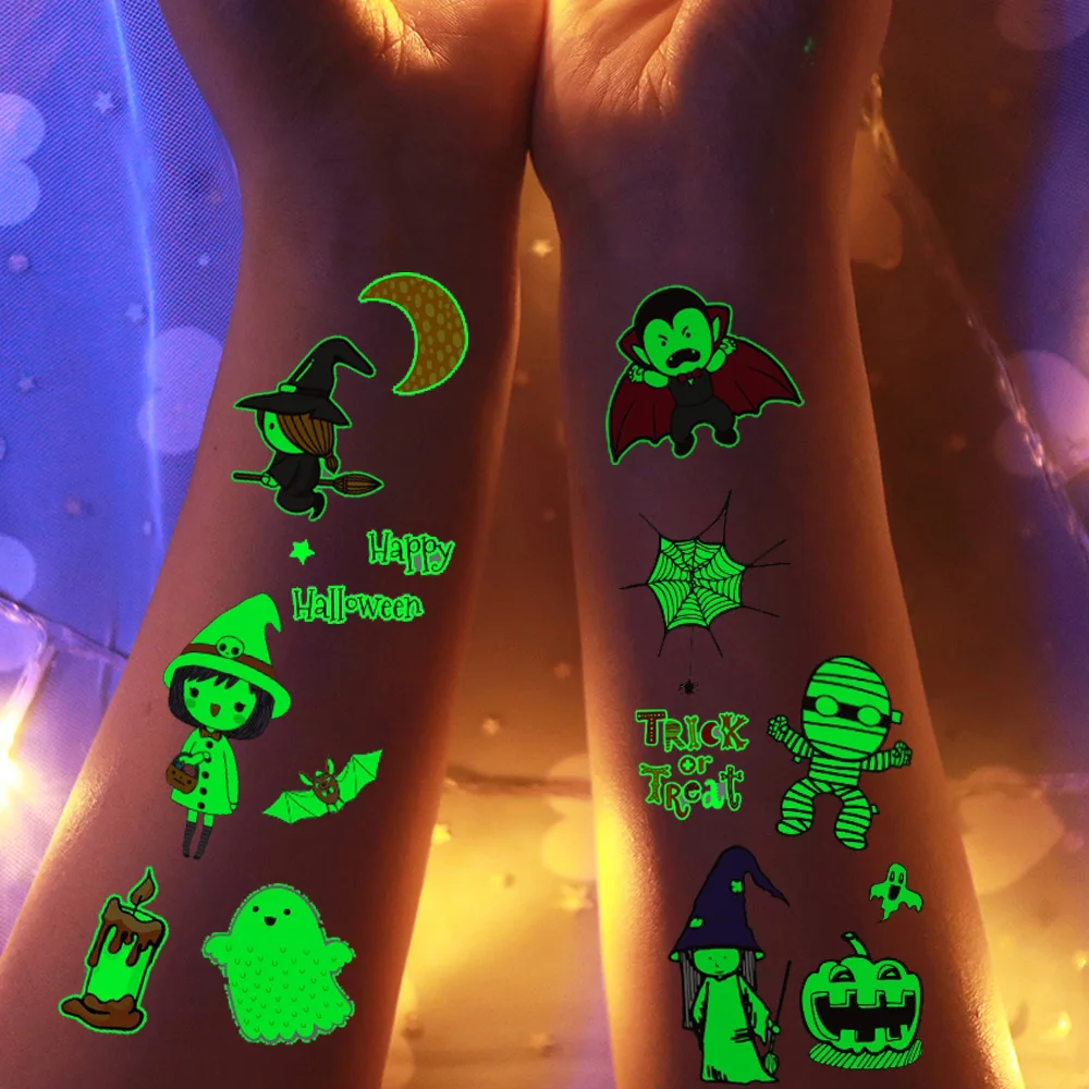 24 Blatt Leuchtende Halloween-Tattoos, Glow-in-the-Dark-Motive mit Kürbissen, Geistern und Spinnen, Halloween-Party-Zubehör – Detail 6