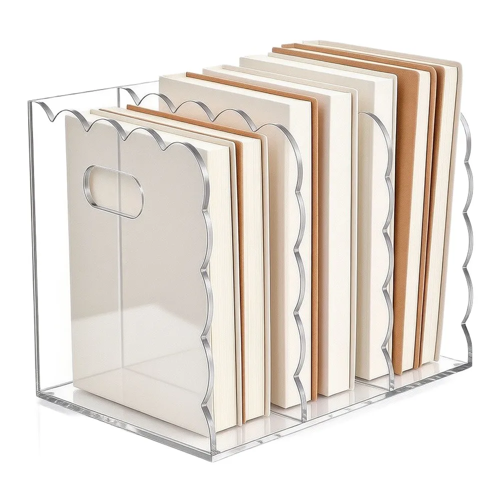 Clear For Acrylic Scalloped Desk Organizer 3 Compartment File Holder With Handle Vertical Magazine Storage For Home Office Decor