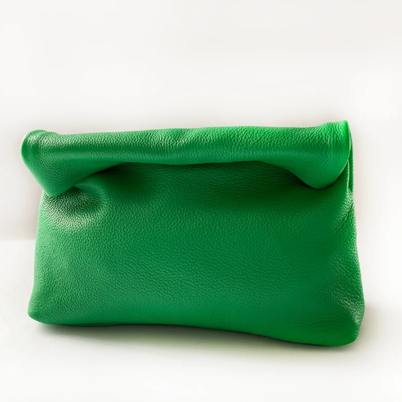 Green Genuine Leather Design Crimping Handbags New Clutch Bag Evening Phone Pocket Women\'s High Quality