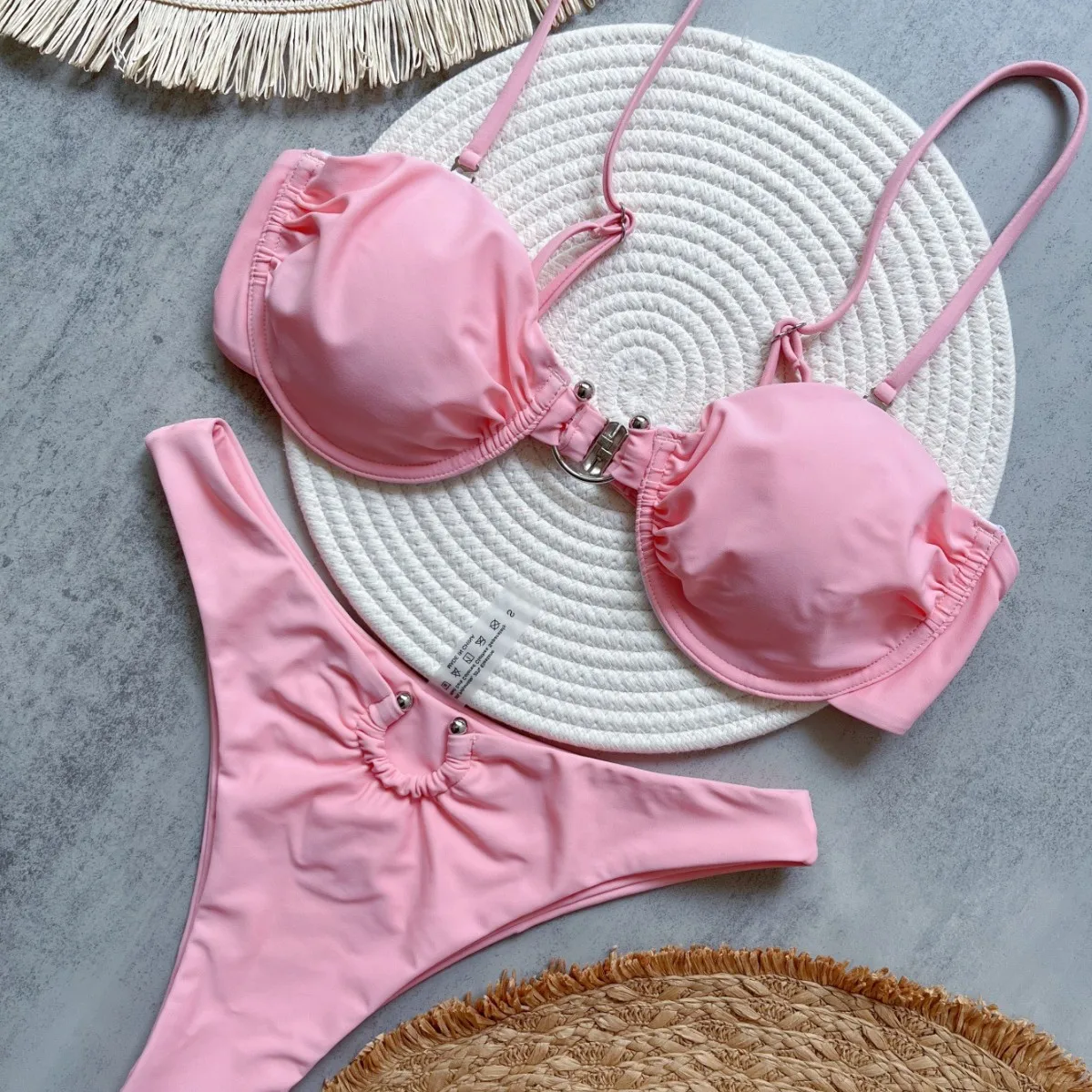 

2025 новые металлические аксессуары для бикини, однотонный купальник, пляжный сексуальный женский купальник