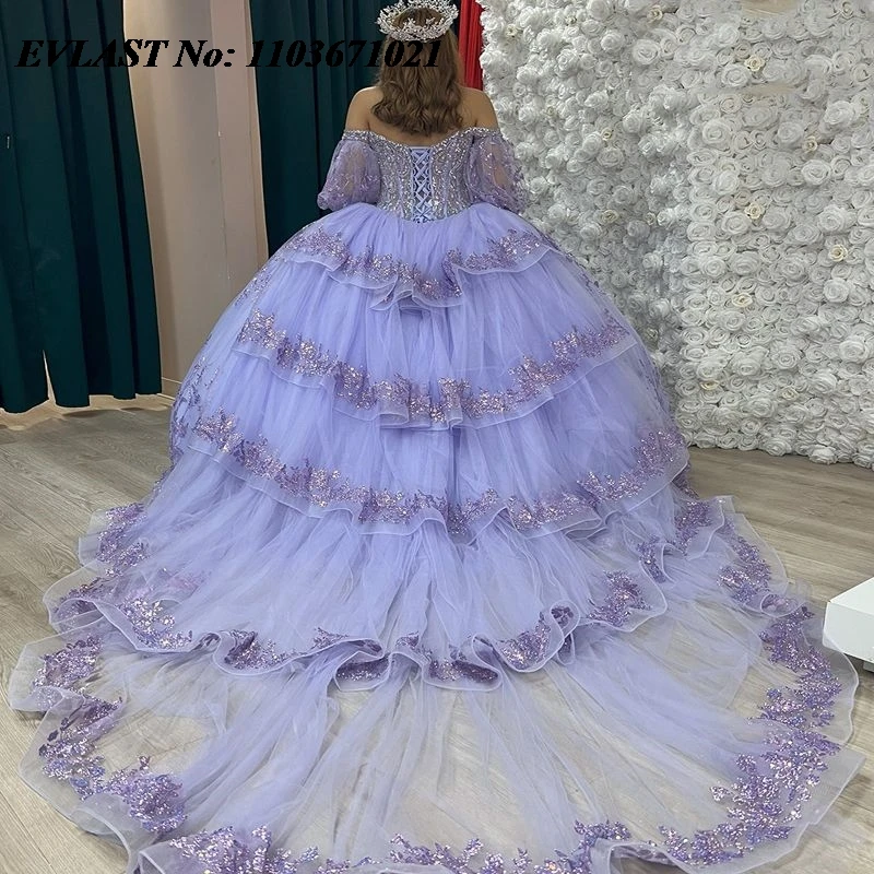 EVLAST Customized Lavender Quinceanera Dress Ball Gown Lace Applique Beaded Tiered Corset Sweet 16 Vestidos De XV 15 Anos SQ120