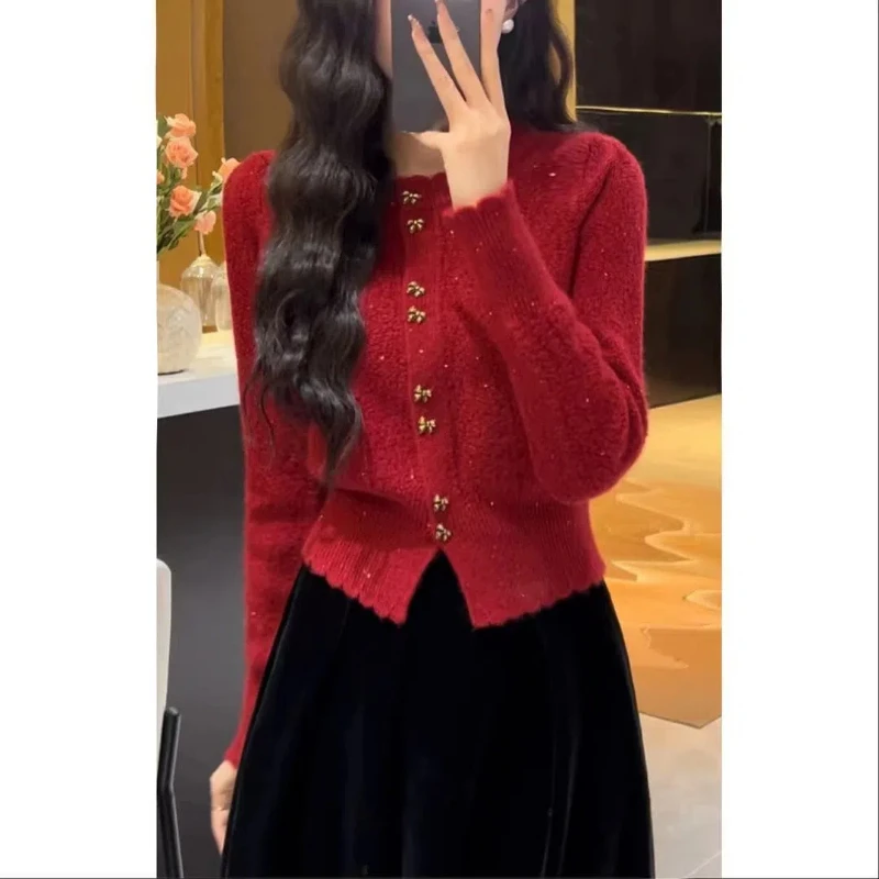 Spring Autumn New Fashion Round Neck Long Sleeve Solid Color Cardigan Women\'s Clothing Button Knitting Korean All-match Chic Top