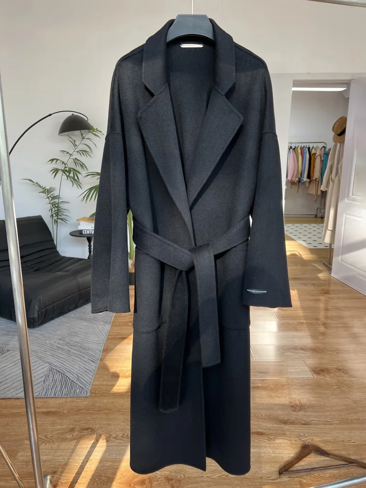 High-end Bathrobe Double-sided Wool Cashmere Coat New Women Loose Lace-up Fashion Warm Wool Coat Long Overcoat Autumn Winter