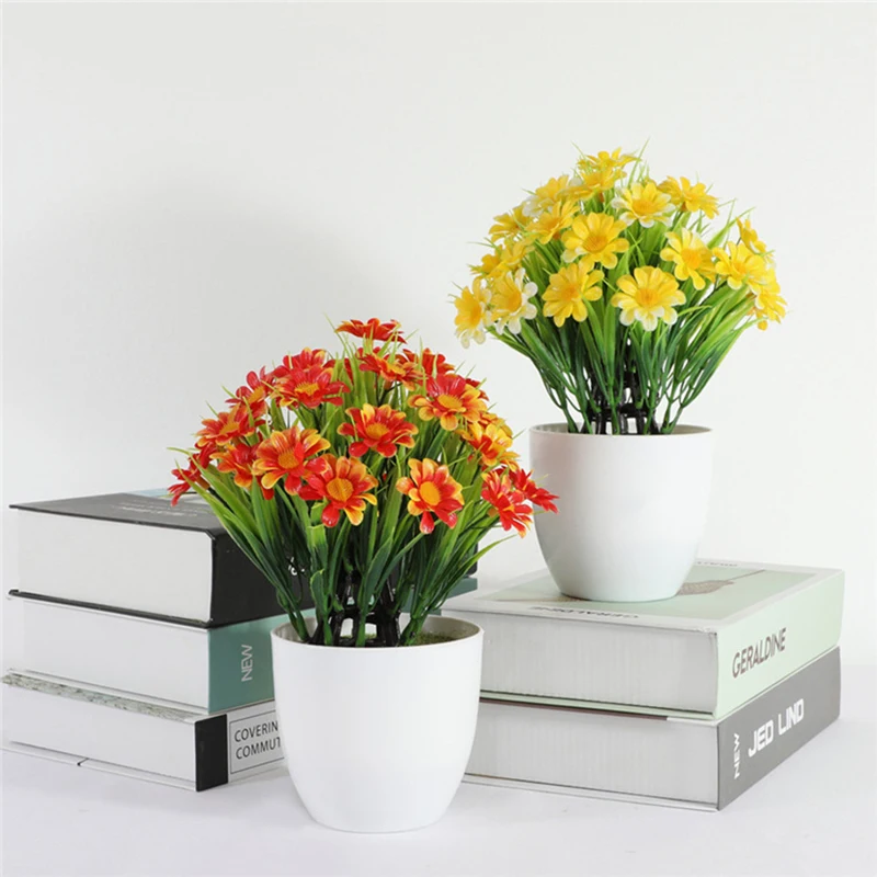 Plastic Daisy Round Bonsai Sunflower Pot Artificial Flowers With Vase Set Home Decor Wedding Decoration Potted Plants