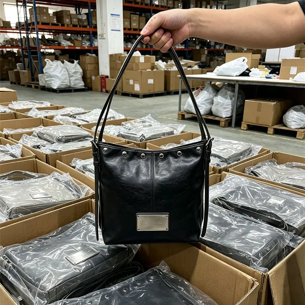 Korean Niche Matin Kim 2025 Autumn Winter New Korean Style Vintage Metal Studs Double Strap Shoulder Tote Bag