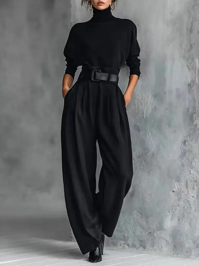 Lässiger Anzug mit Taschen für den Herbst, Damen-Set mit hochgeschlossenem, langärmeligem Oberteil und Hose, schlichtes, einfarbiges Büro-Outfit mit hoher Taille. – Detail 4