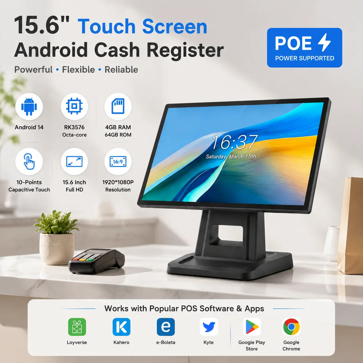 15.6 Inch Android POS Terminal Touch Screen Desktop 4G+64G Cashier Machine RJ45 WiFi BT Loyverse for Restaurant Retail