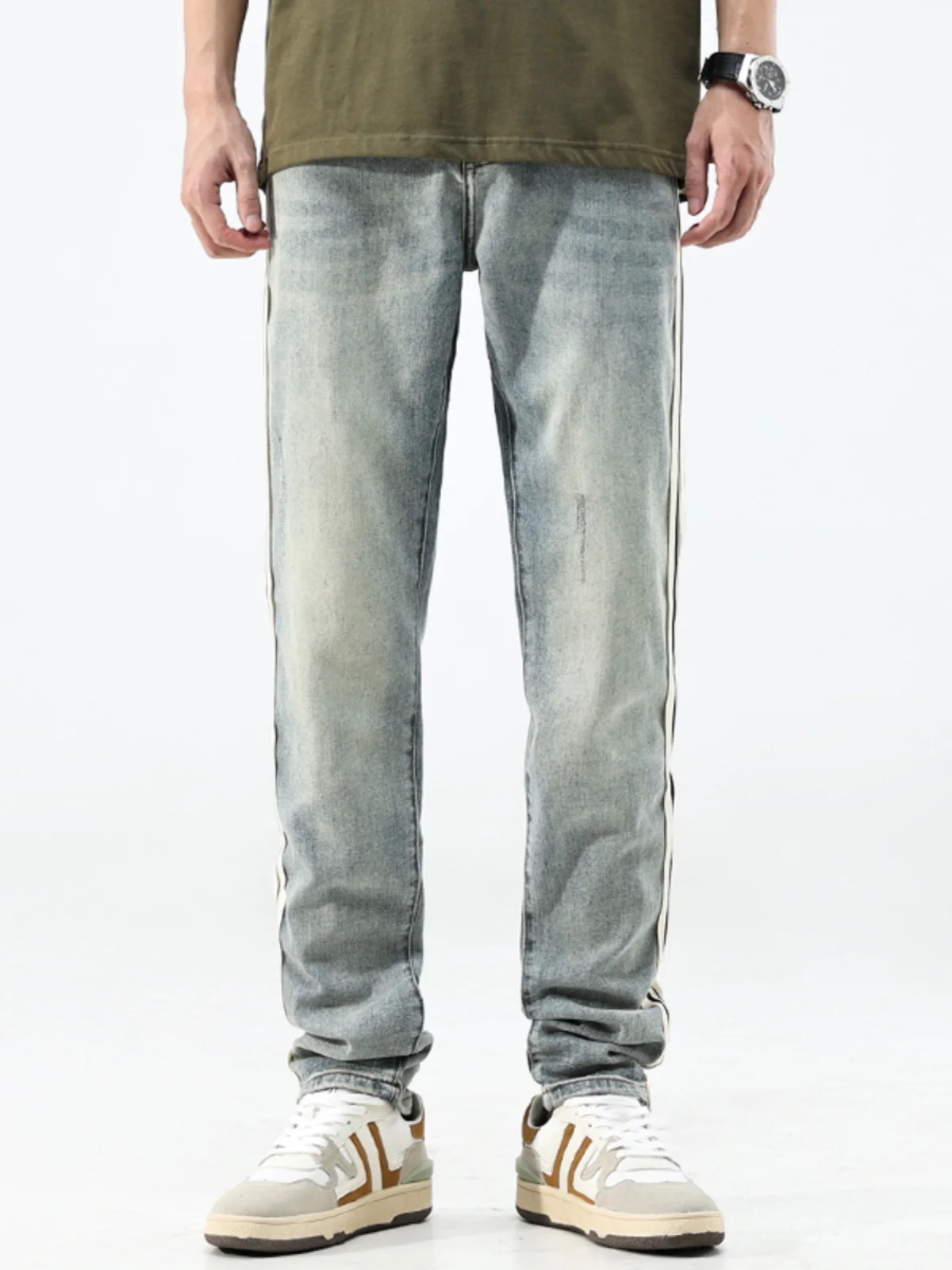 

Casual Loose Straight Leg Men's Jeans Summer New Style Stripe Splicing Cotton Elastic Denim Pants Youth Versatile Vintage Washed