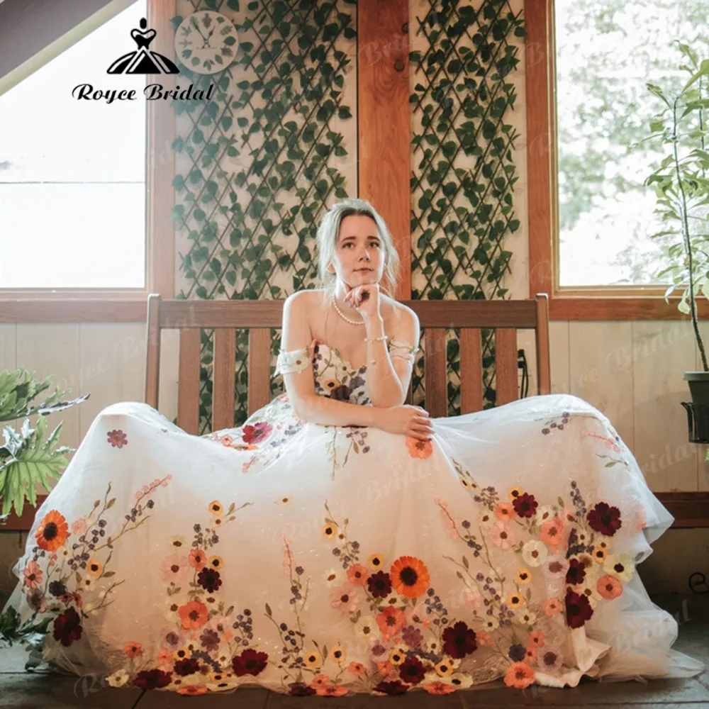 Garden Bloom Wildflower Princess Embroidered Wedding Dress for Women 2025 Colorful Elopement Bridal Gown Cap Sleeve Customize