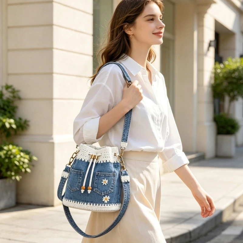 DXAA Lightweight Daily Carry Purse with Blue Fabric Body and Crochet Trim, Soft Shoulder Bag for Casual Styling and Phone Wallet