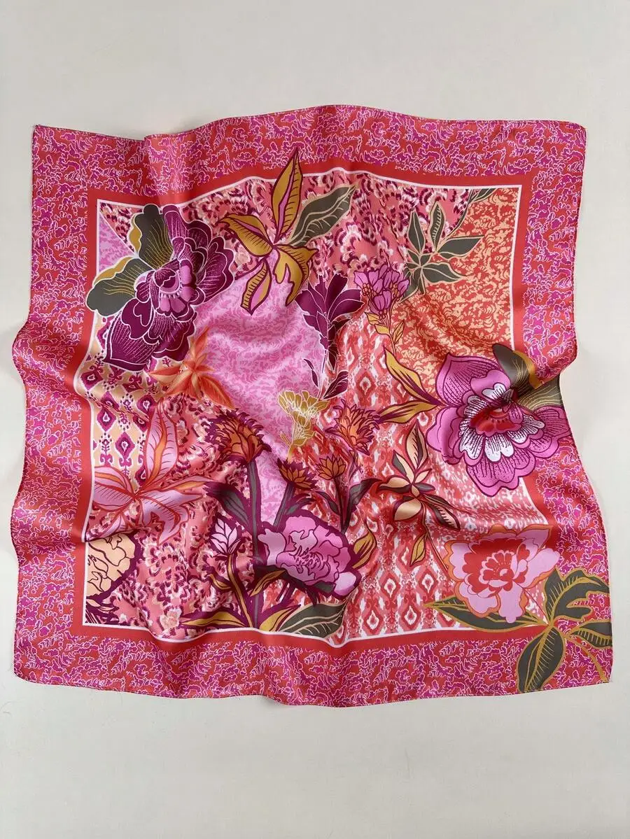 

1pc Women's Bohemian Style Printed Square Scarf, Elegant Satin Neckerchief Headscarf Hair Accessory