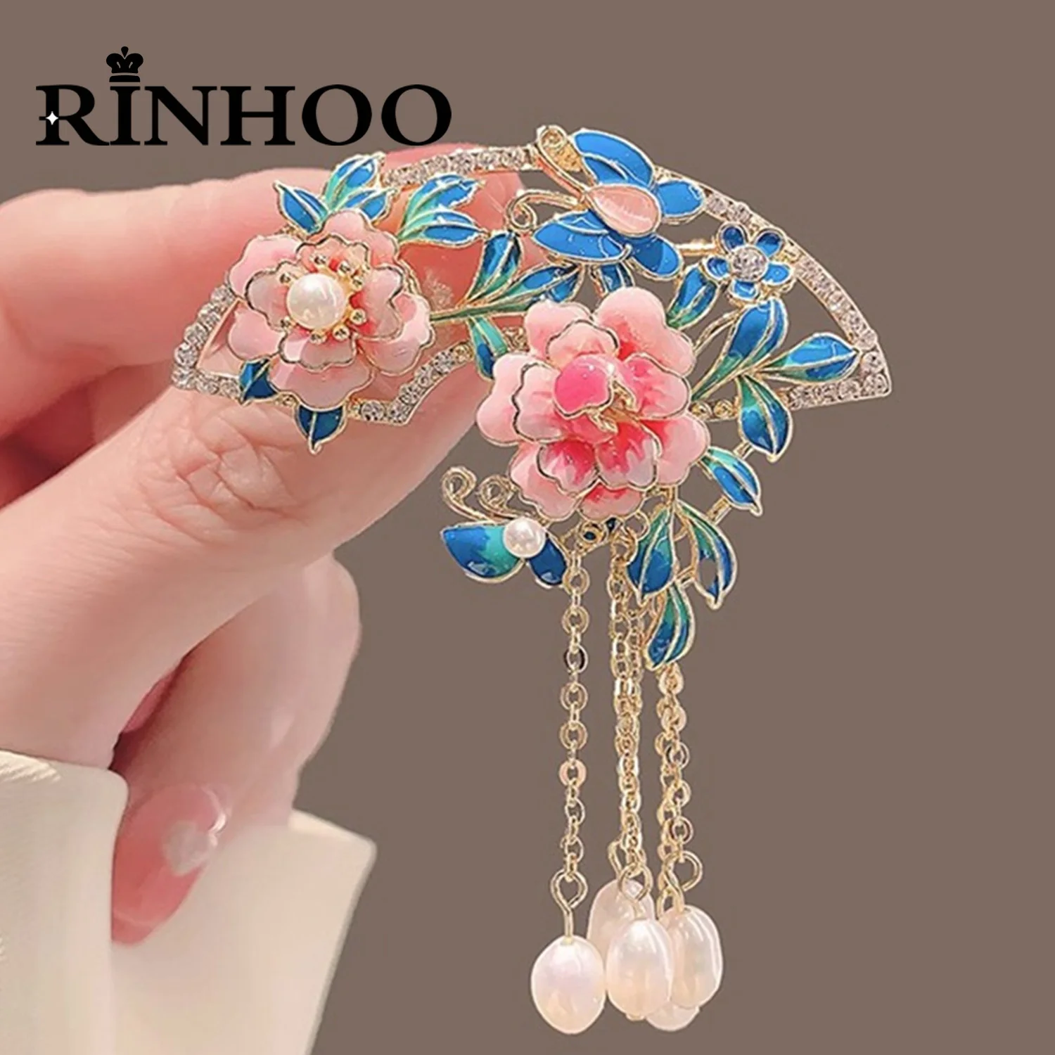 

Rinhoo Chinese Style Pink Peony Flower Fan Shaped Brooch For Women Elegant Butterfly Imitation Pearl Tassel Enamel Pins Jewelry