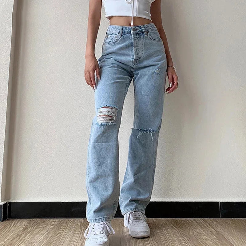 

2023 New Fashion Casual Women's Jeans Casual Wide Leg Wash Water Hole Middle Waist Commuter Jeans Women Baggy Jeans Women