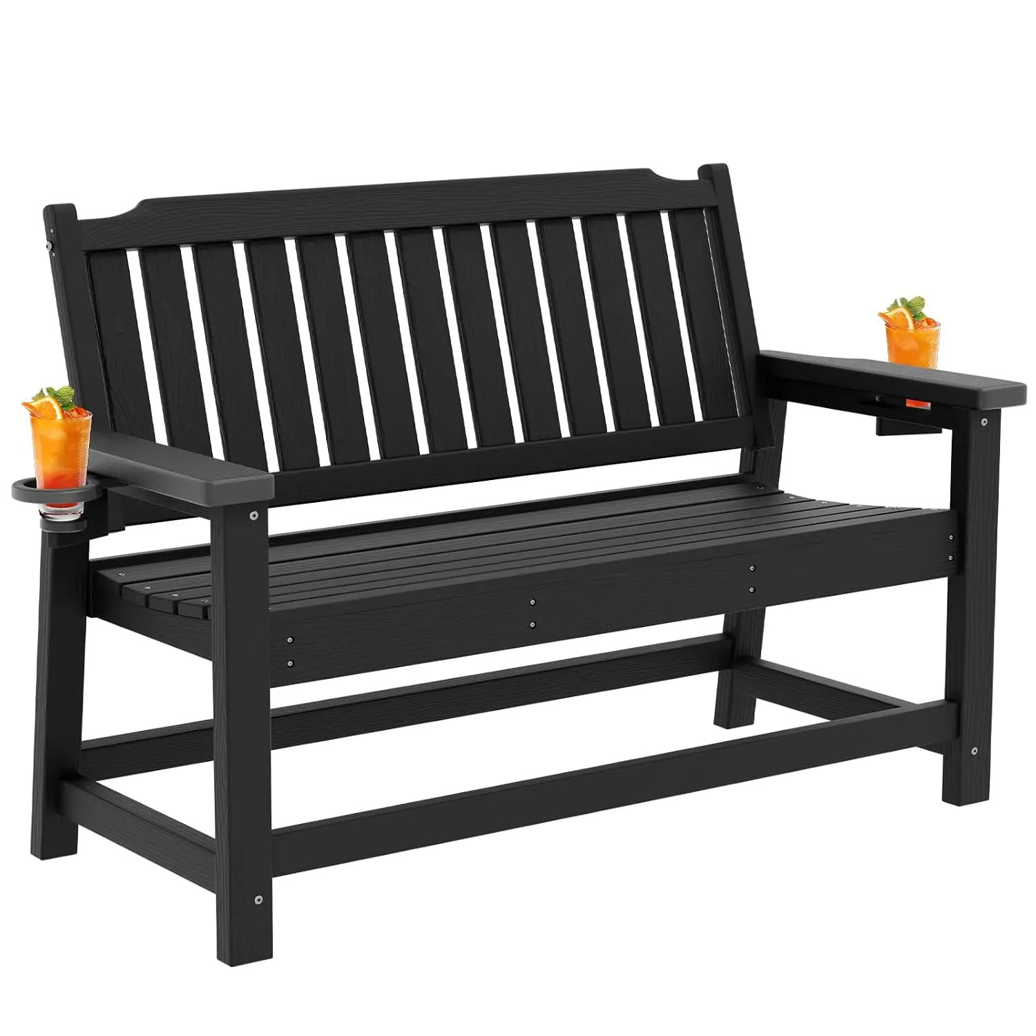 HDPE Outdoor Bench with Cup Holder All-Weather Fade Resistant Porch Bench