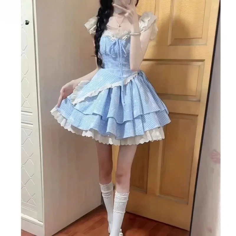 الأزرق منقوشة الدانتيل الأزهار الحمالة فستان قصير الصيف الحلو فتاة جميلة الأميرة عالية الخصر التخسيس كعكة توتو فساتين