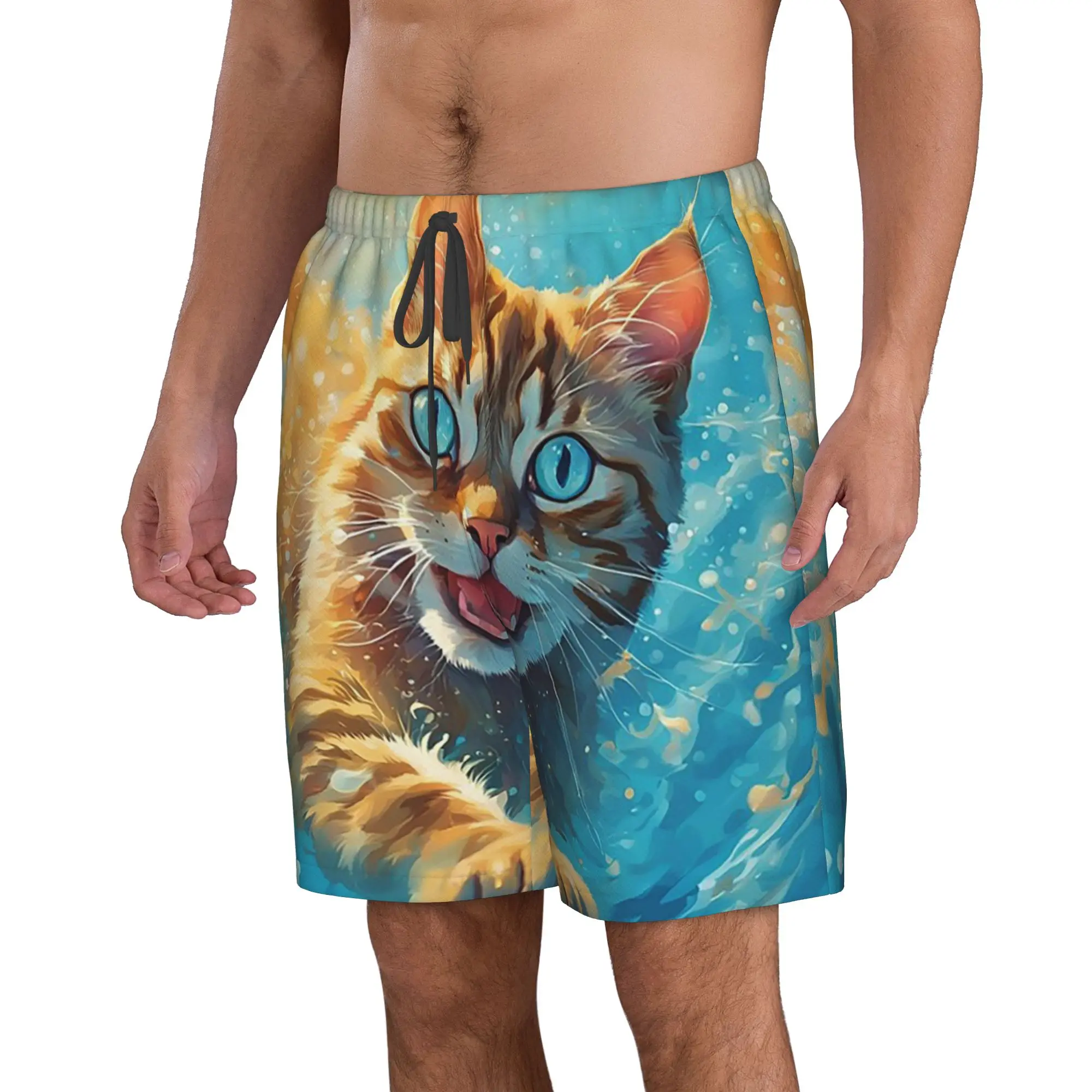 Orange Cat Swimming In The Water Trunks Beach Board Shorts Casual Quick Dry Swim Summer Men Pants