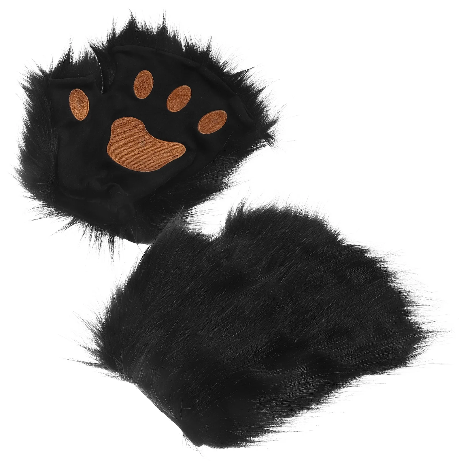 Pair Black Halloween Animal Gloves Half Finger Warm Mittens Winter Paws Print Cosplay Paws Gloves Faux Mitten