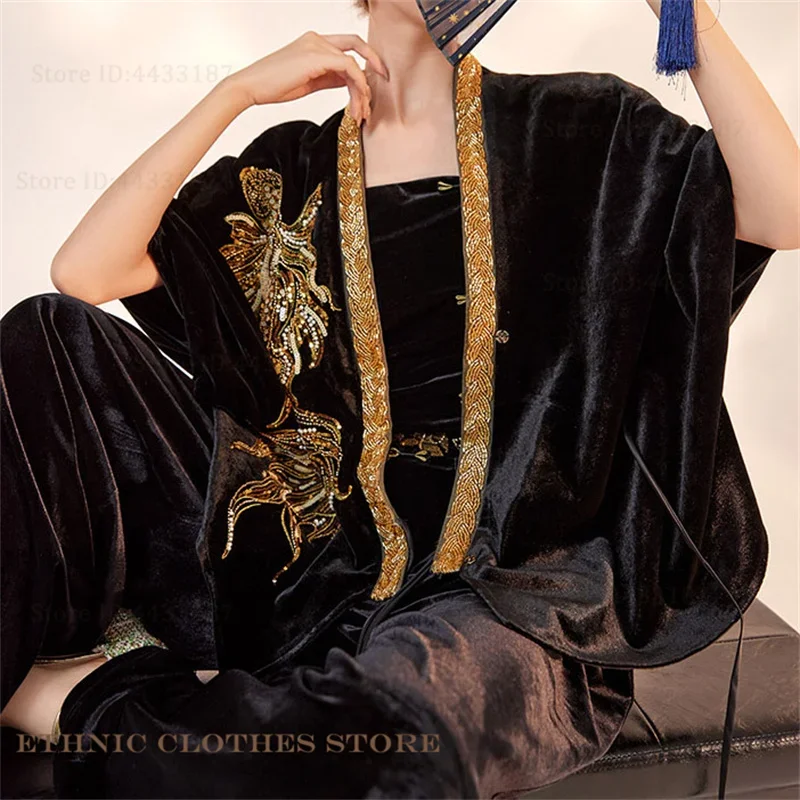

Свободное кимоно-юката в китайском стиле, женский кардиган-кимоно, топы в стиле ханьфу, роскошная бархатная куртка с вышивкой кои и пайетками