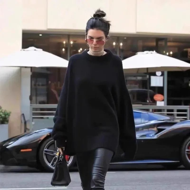 

Women 2025 Spring and Autumn New Round Neck Wool Cashmere Blend Pin Pin Loose Rear Mid-line Pull Knit