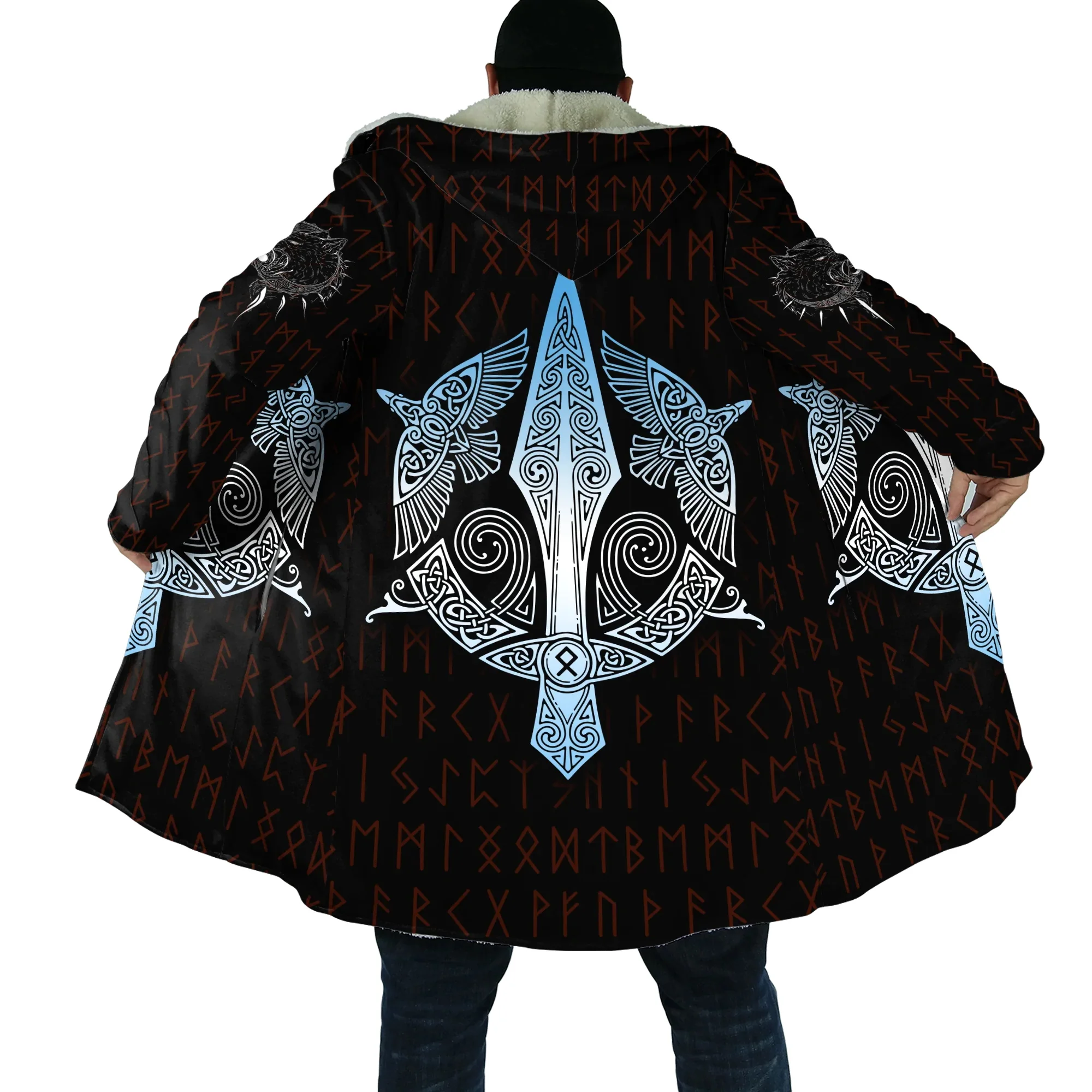 

Men's Fashion Hoodie Cape Fenrir Vedvisir Runes Raven Tattoo 3D Printed Thick Wool Hooded Coat Unisex Winter Casual Warm Coat