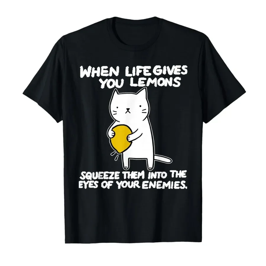 

When Life Gives You Lemons Cat Graphic Tee Soft Breathable Cotton Short Sleeve T-Shirt for Men Women