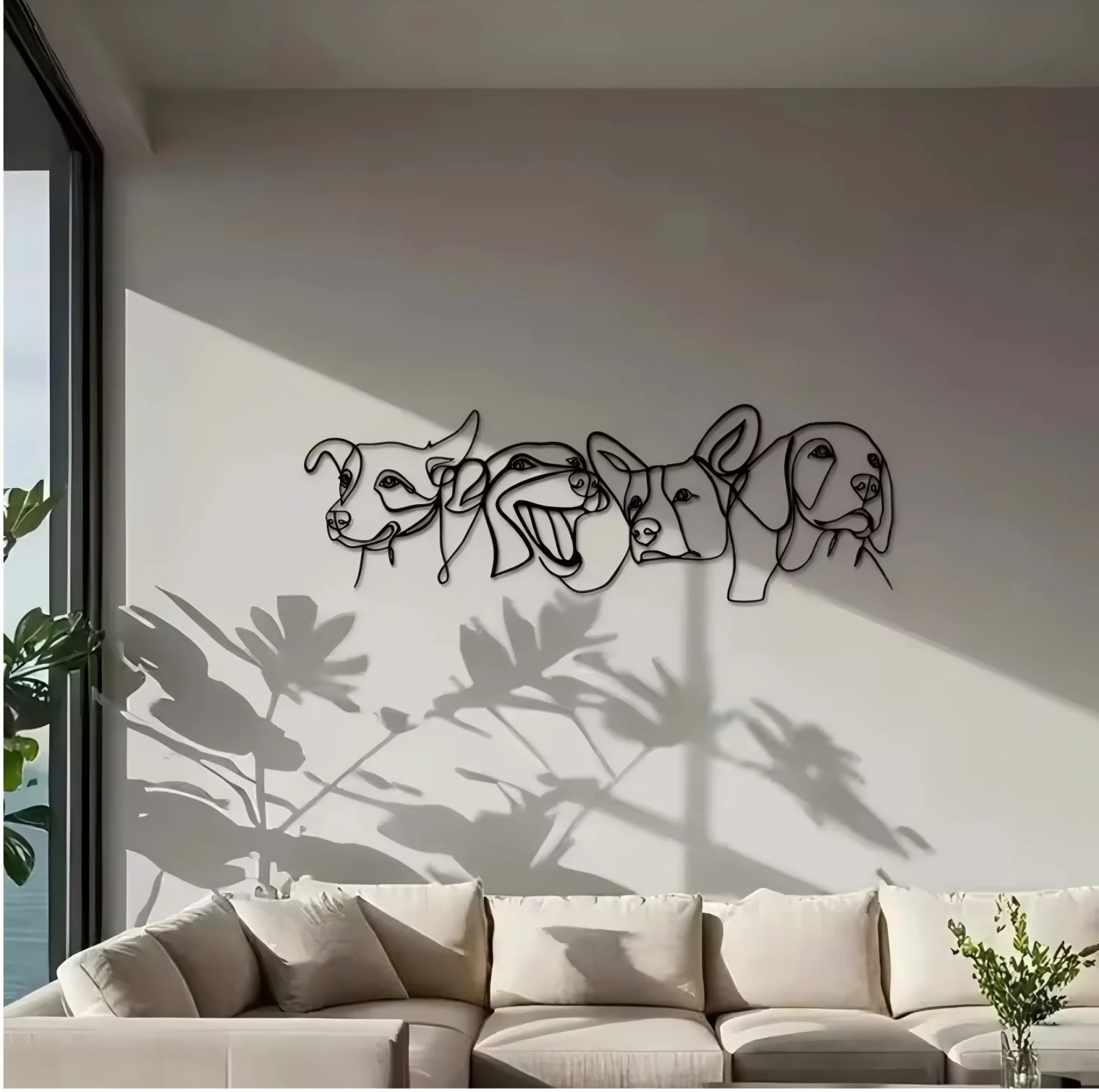 Quirky Metal Dog Wall Art, Unique Modern Home Decor, Fun Line Drawing Design, 4 Cute Dogs, 15.75× 5.3inch