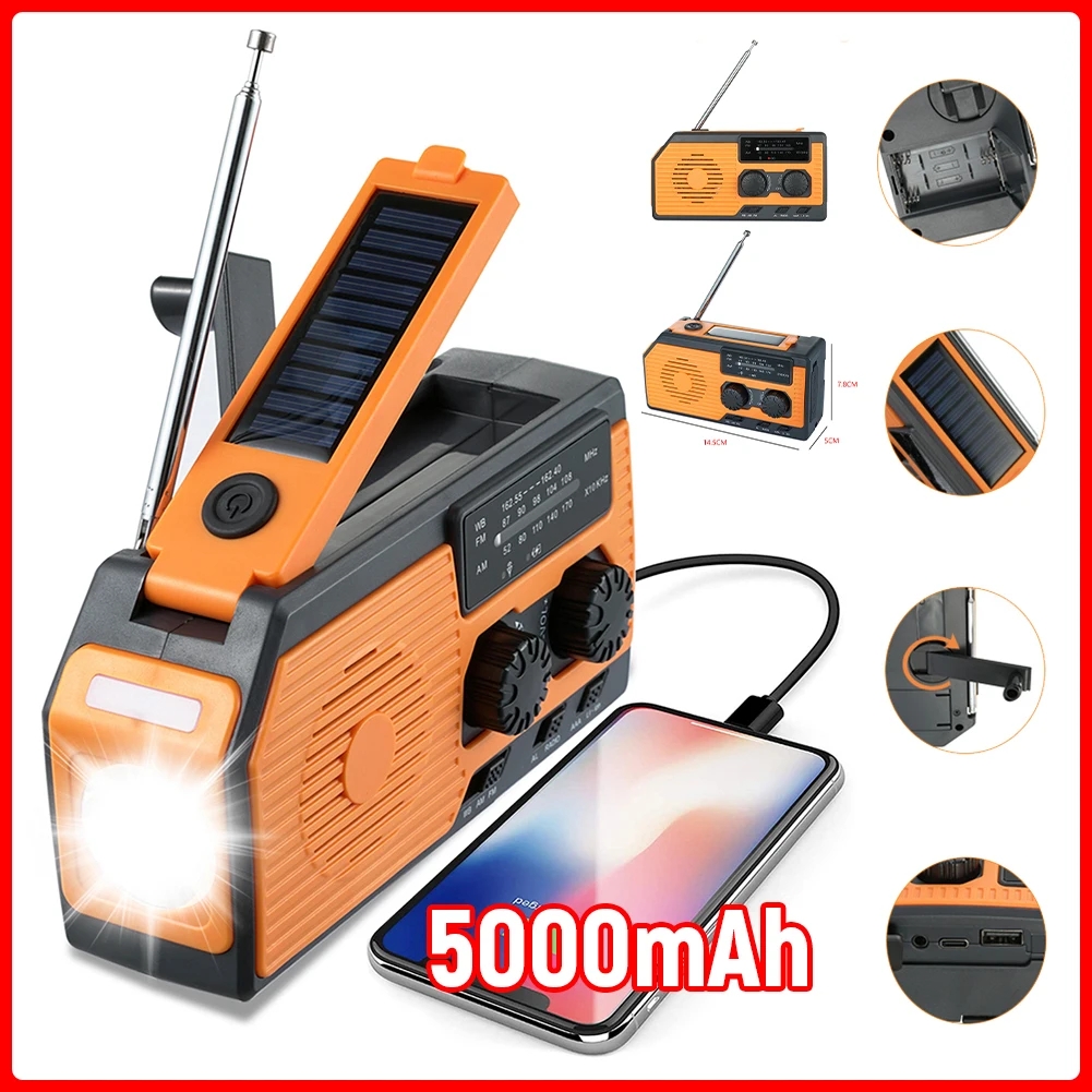 

Hand Crank Radio Portable Solar Power Hand Crank Radio AM/FM/WB NOAA Weather LED Flashlight for Outdoor Camping Hiking