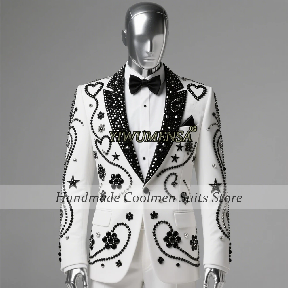 

Sparkling Pearls Beaded Stones Tuxedo Suit Men Sequins Lapel Prom Blazer Customized 2 Pieces Groom Wedding costumes homme Luxe